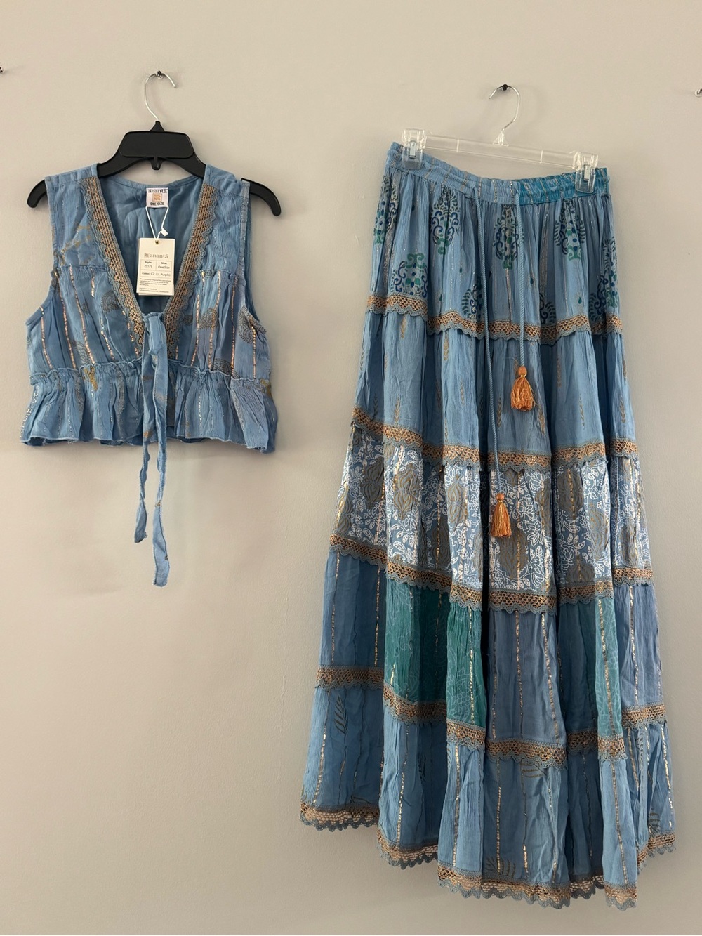 Ananta BNWT Light Blue Embroidered Tiered Maxi Skirt - Bohemian Accent
